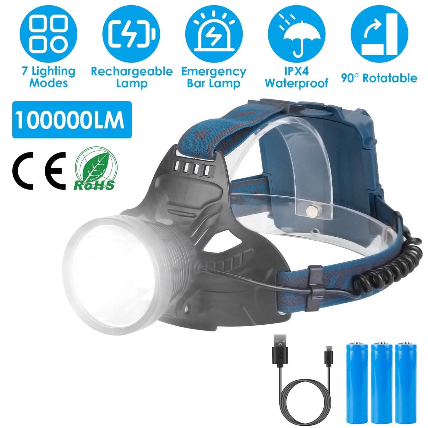 100000LM LED 7 Lighting  Modes Rechargeable Headlights DailySale