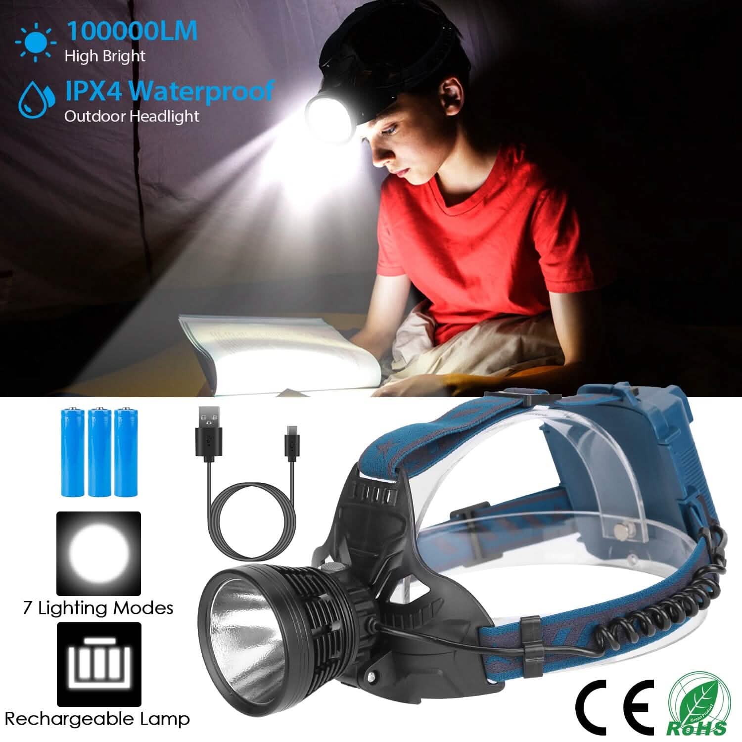 100000LM LED 7 Lighting  Modes Rechargeable Headlights DailySale