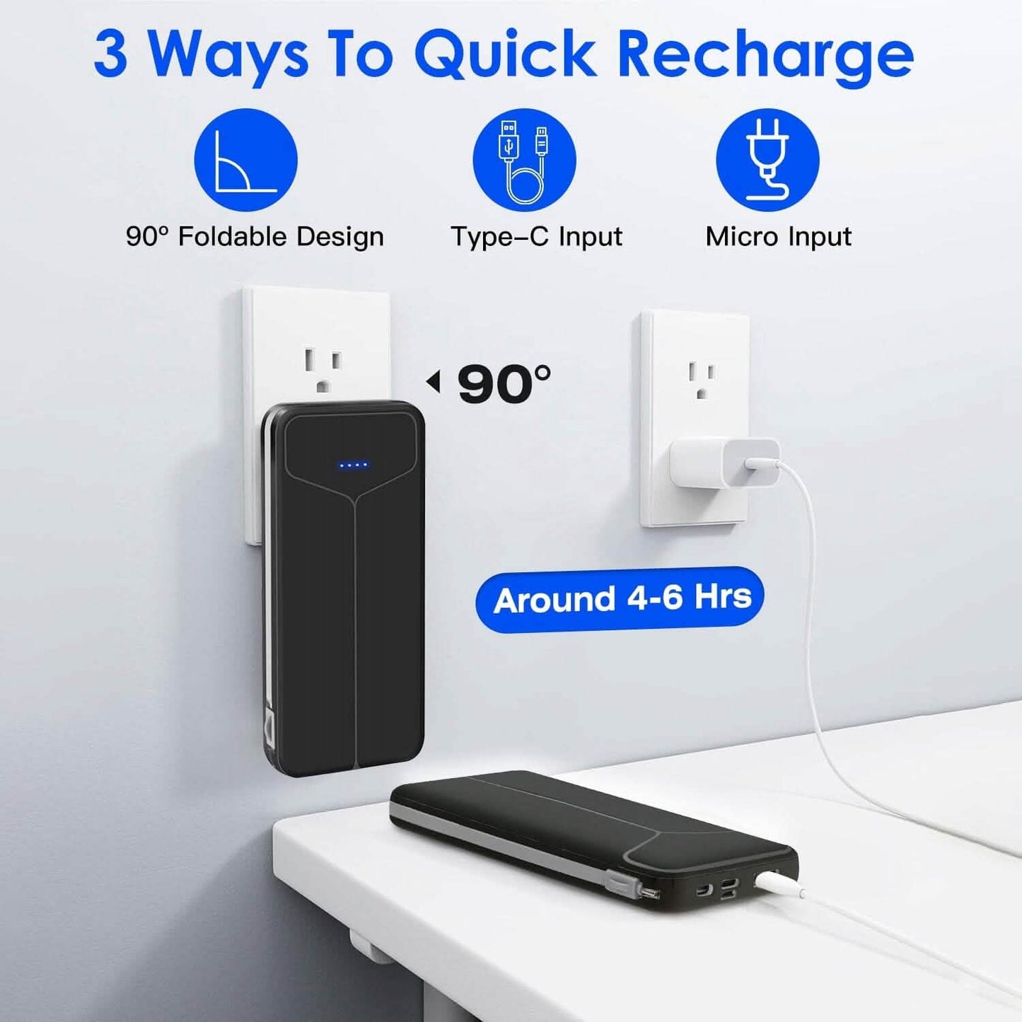 10000mAh Power Bank Portable Charger with US Plug 2 Built-in Cables External Battery Pack DailySale