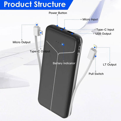 10000mAh Power Bank Portable Charger with US Plug 2 Built-in Cables External Battery Pack DailySale