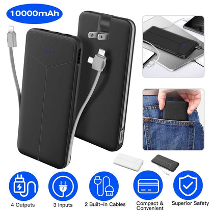10000mAh Power Bank Portable Charger with US Plug 2 Built-in Cables External Battery Pack DailySale