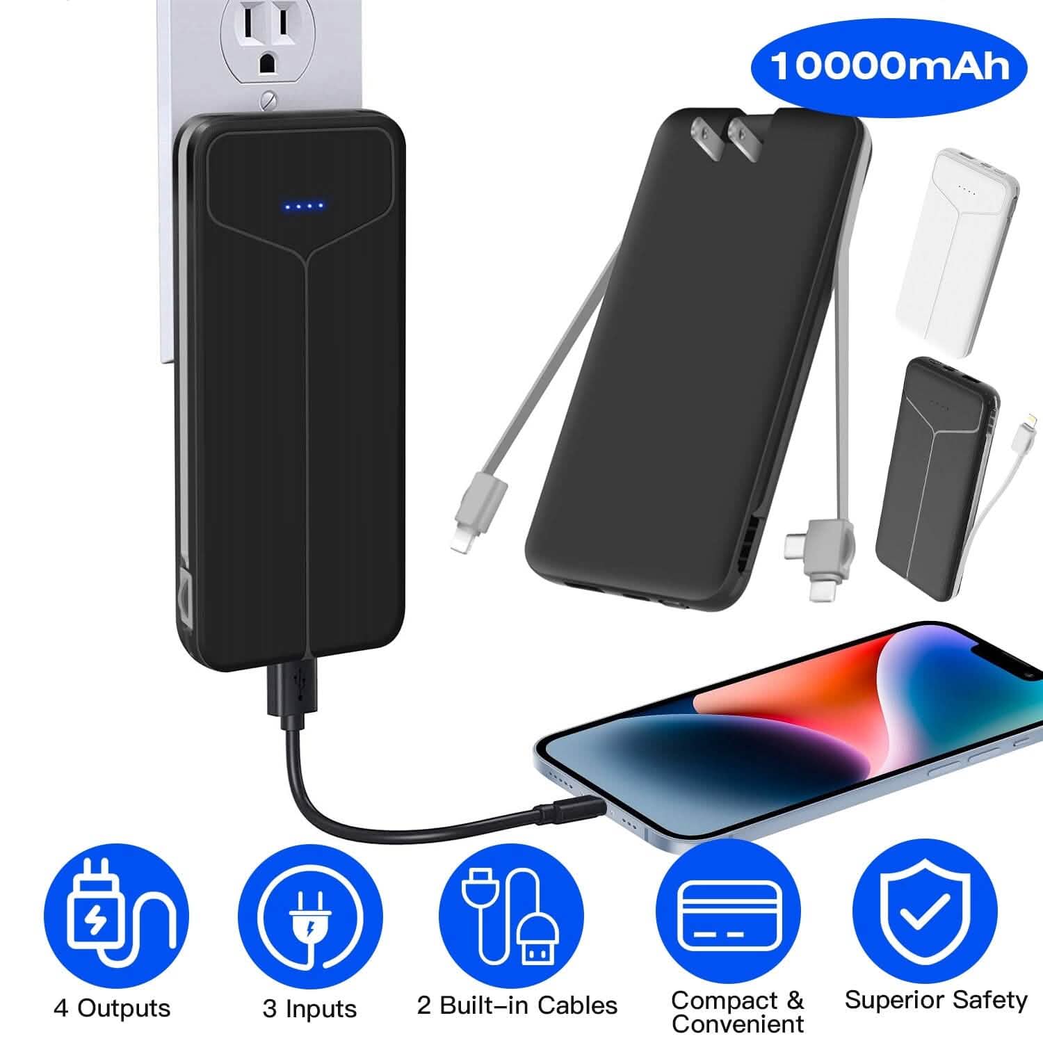 10000mAh Power Bank Portable Charger with US Plug 2 Built-in Cables External Battery Pack DailySale