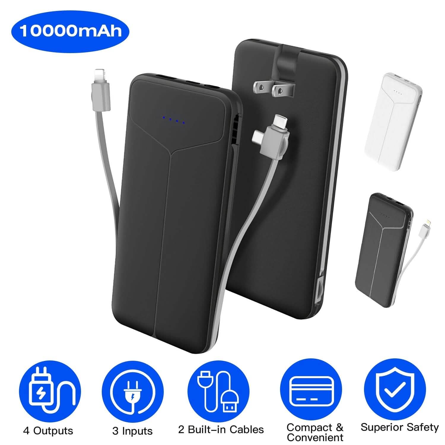 10000mAh Power Bank Portable Charger with US Plug 2 Built-in Cables External Battery Pack DailySale