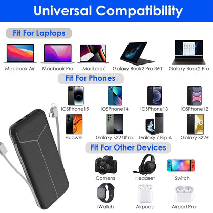 10000mAh Power Bank Portable Charger with US Plug 2 Built-in Cables External Battery Pack DailySale