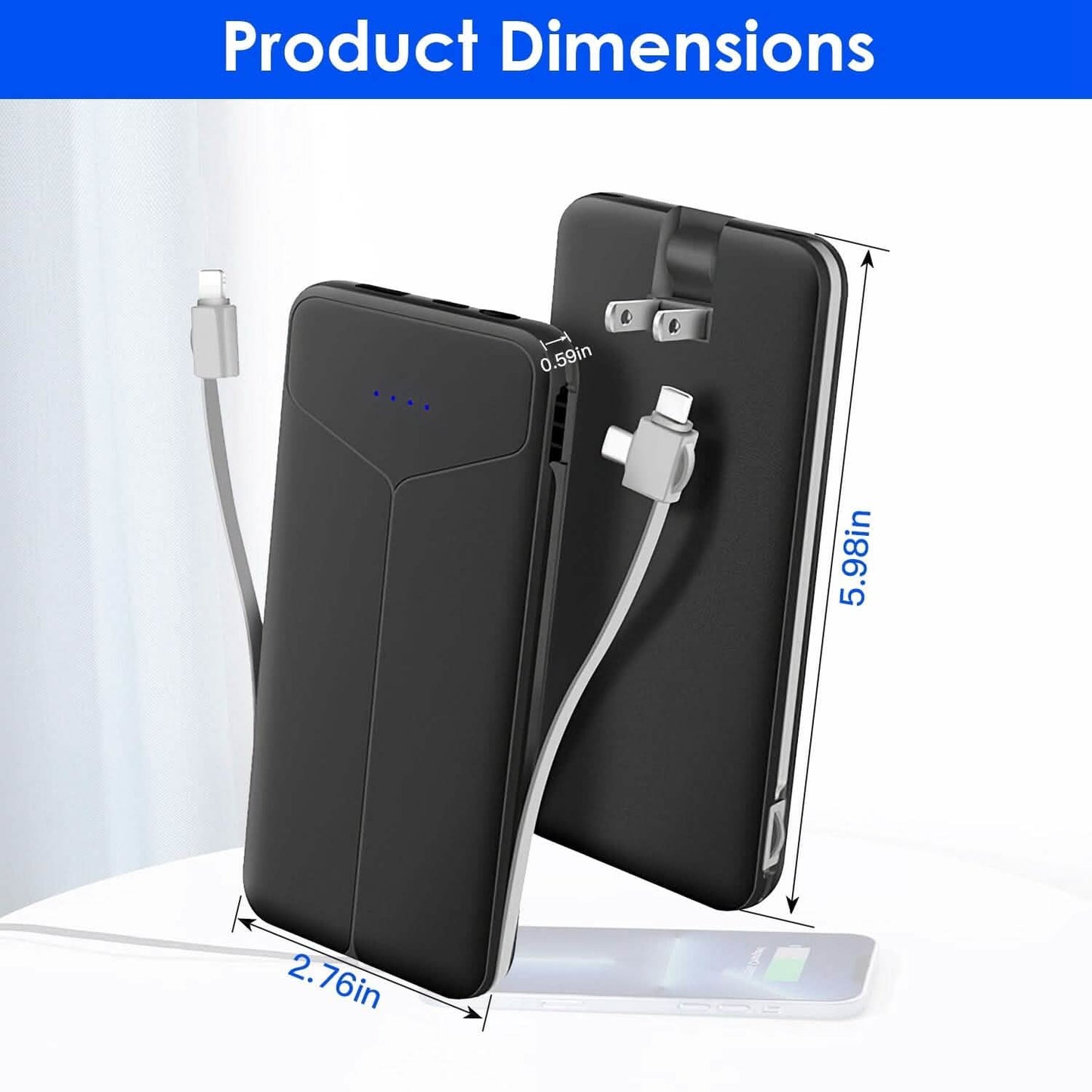 10000mAh Power Bank Portable Charger with US Plug 2 Built-in Cables External Battery Pack DailySale