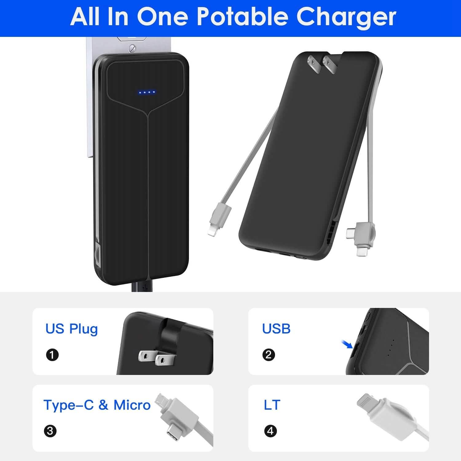 10000mAh Power Bank Portable Charger with US Plug 2 Built-in Cables External Battery Pack DailySale