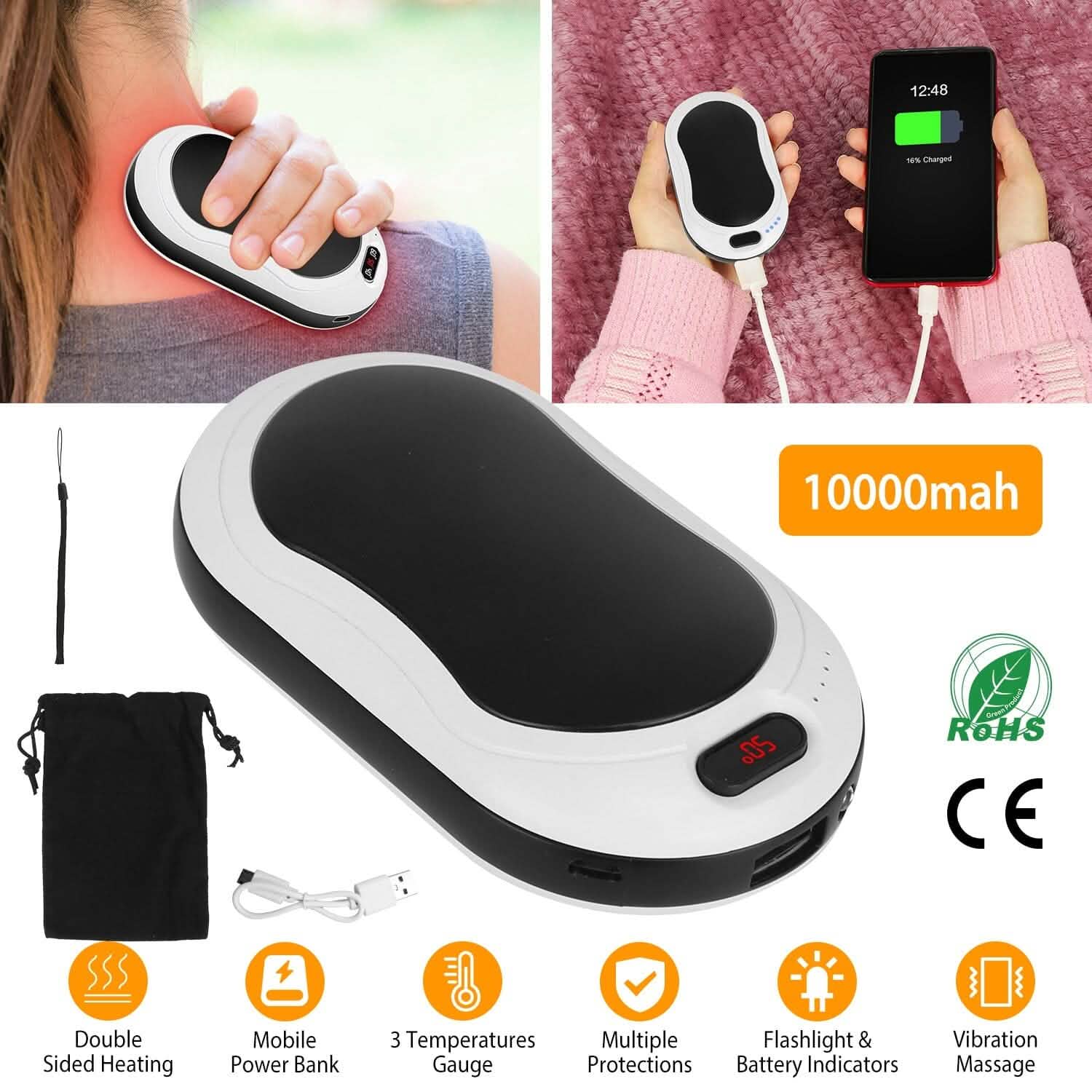 10000mAh Power Bank Rechargeable Pocket Warmer Double-Sided Heating DailySale