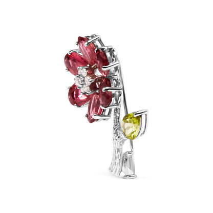 18K White Gold 1/3 Cttw Diamond, Pink Tourmaline, and Green Peridot Flower and Leaf Tulip Brooch Pin (H-I Color, VS2-SI1) Bids.com
