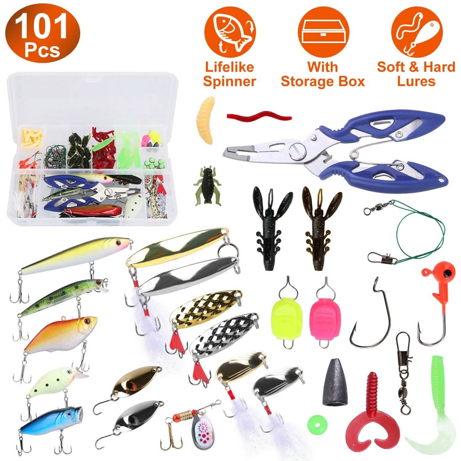 101-Pieces: Fishing Lure Kit Soft Plastic Fishing Baits Set with Soft Worms Crankbaits Box DailySale