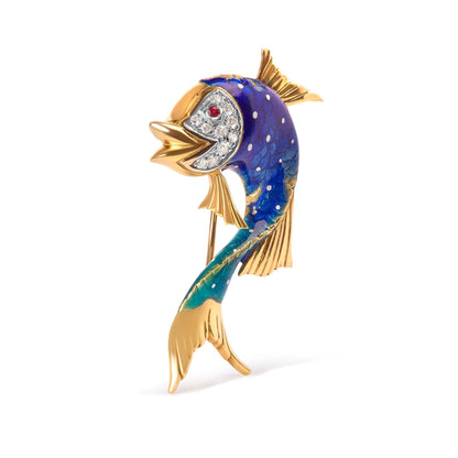 18K Yellow Gold and Blue Enamel Diamond and Pink Sapphire Fish Brooch Pin (H-I Color, VS2-SI1 Clarity) Bids.com