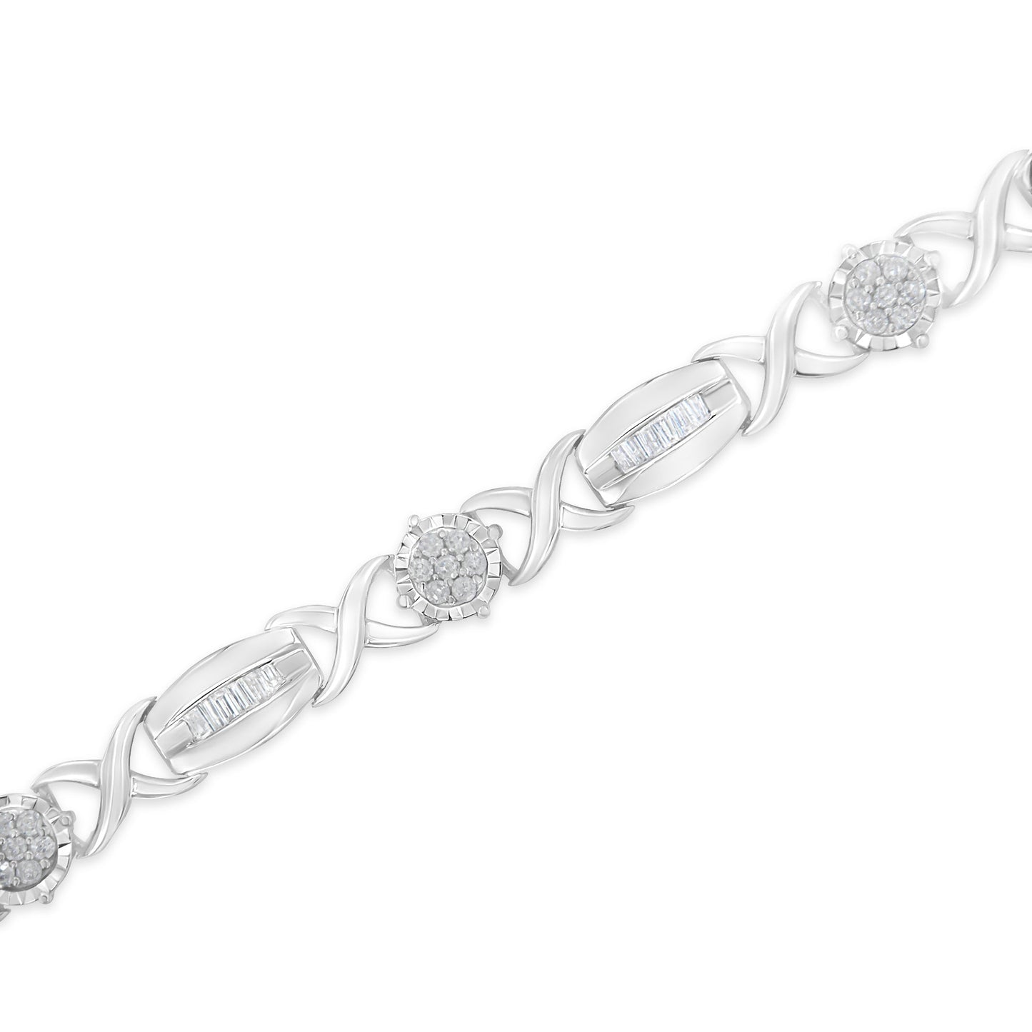 .925 Sterling Silver 1.0 Cttw Round-Cut and Baguette-Cut Diamond X-Link Bracelet (I-J Color, I1-I2 Clarity) - 7" Bids.com