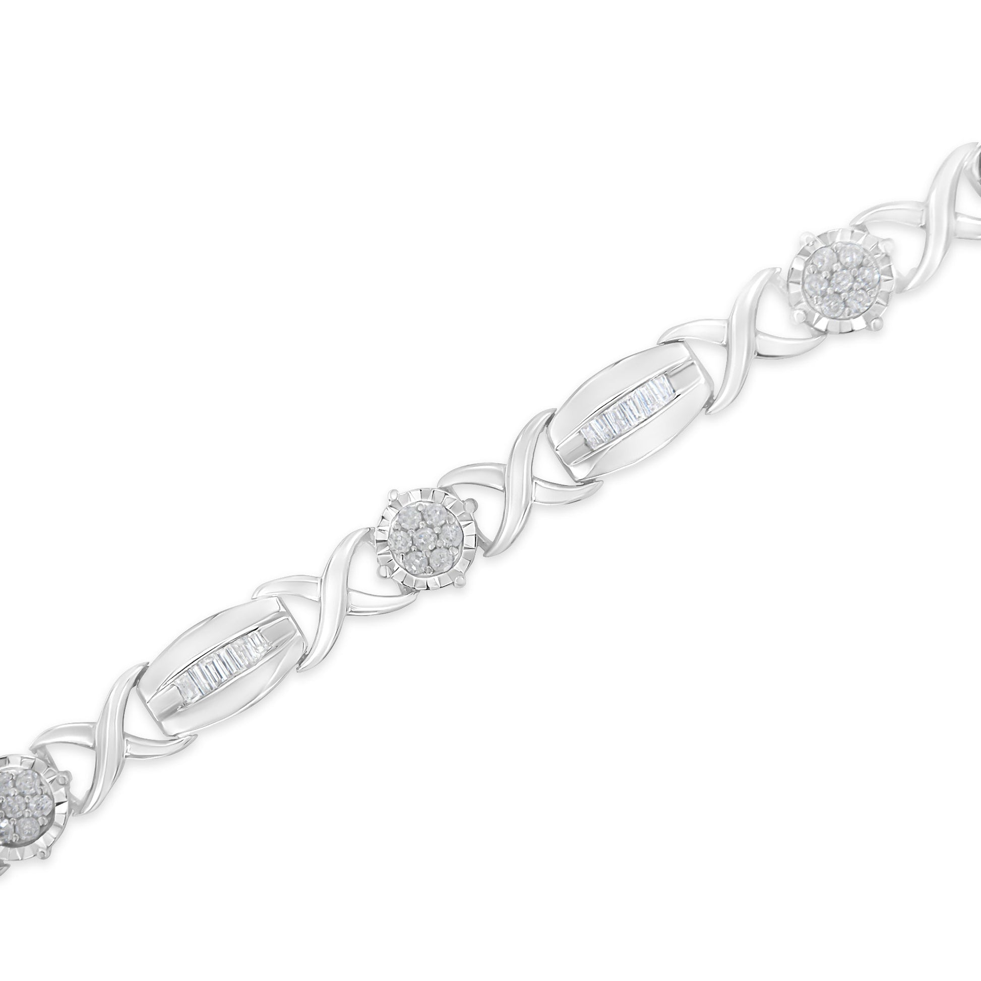 .925 Sterling Silver 1.0 Cttw Round-Cut and Baguette-Cut Diamond X-Link Bracelet (I-J Color, I1-I2 Clarity) - 7" Bids.com