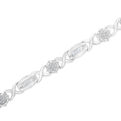 .925 Sterling Silver 1.0 Cttw Round-Cut and Baguette-Cut Diamond X-Link Bracelet (I-J Color, I1-I2 Clarity) - 7" Bids.com