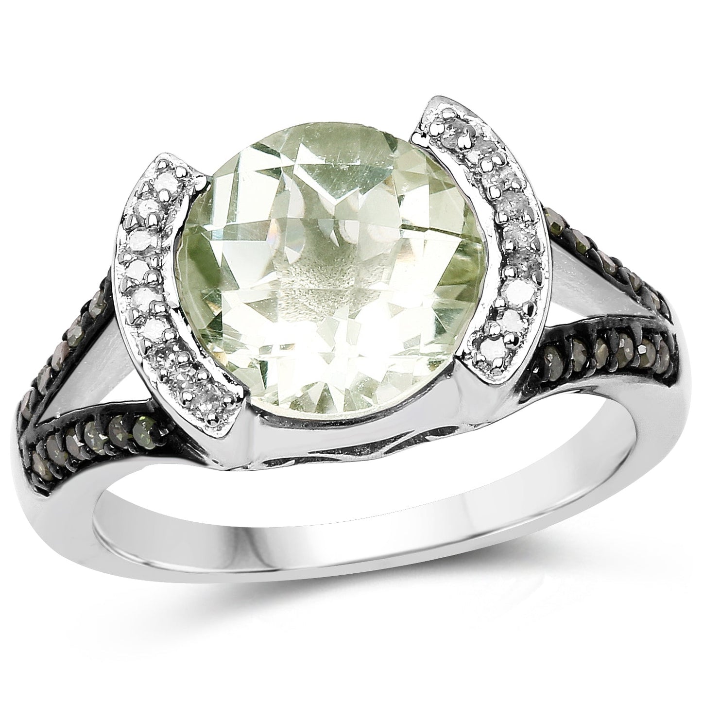 3.59 Carat Genuine Green Amethyst, Green Diamond & White Diamond .925 Sterling Silver Ring Bids.com