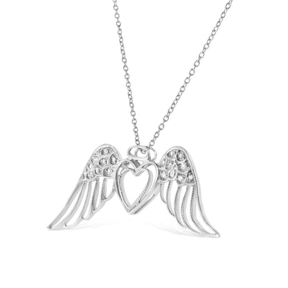 .925 Sterling Silver Pave-Set Diamond Accent Angel Wing 18" Double Heart Pendant Necklace (I-J Color, I1-I2 Clarity) Bids.com