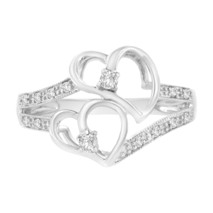 14KT White Gold 1/10 cttw Diamond Twin Heart Ring - Size 6.5 Bids.com