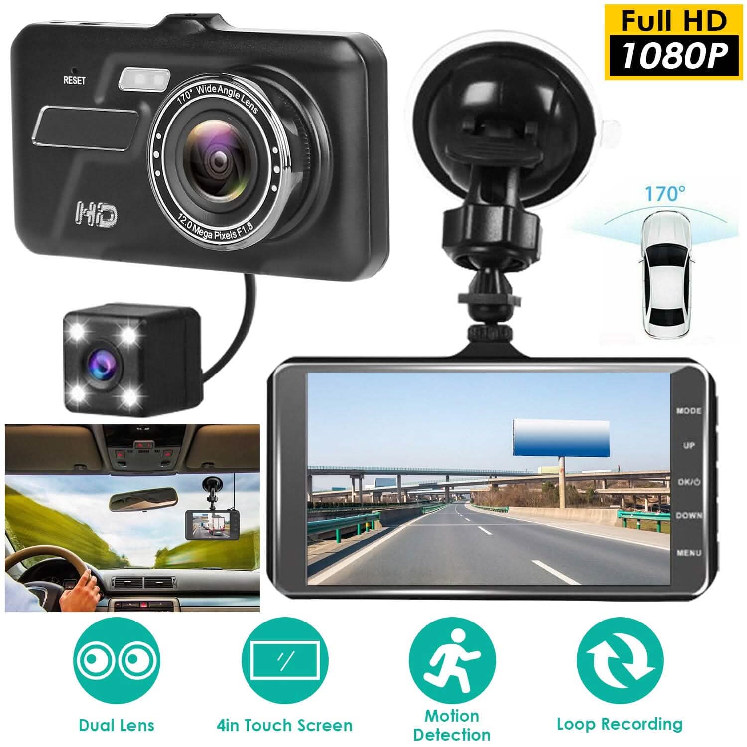 1080P 4-Inch Touch Screen Dual Dash Cam DailySale
