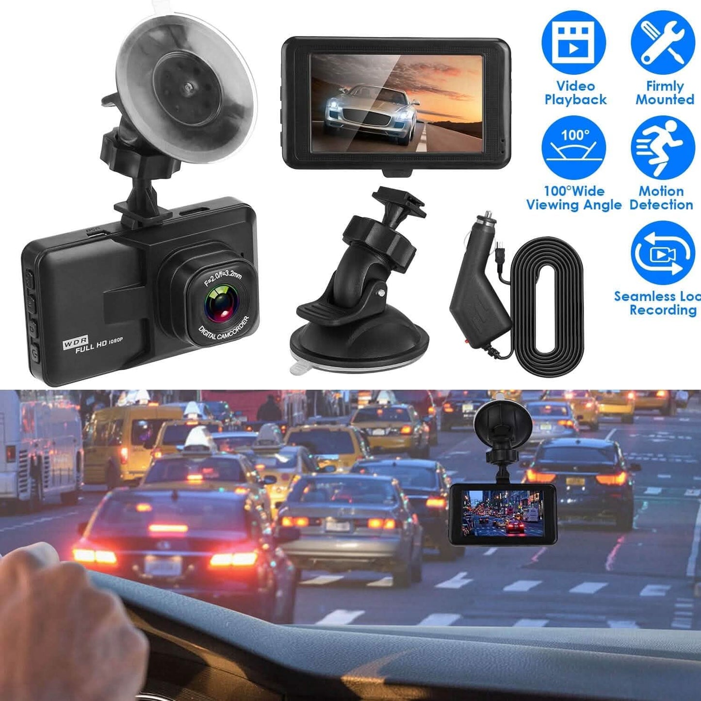 1080P Car DVR 3" Camera Dash Cam with 100° Angle Loop Recording Motion Detection DailySale