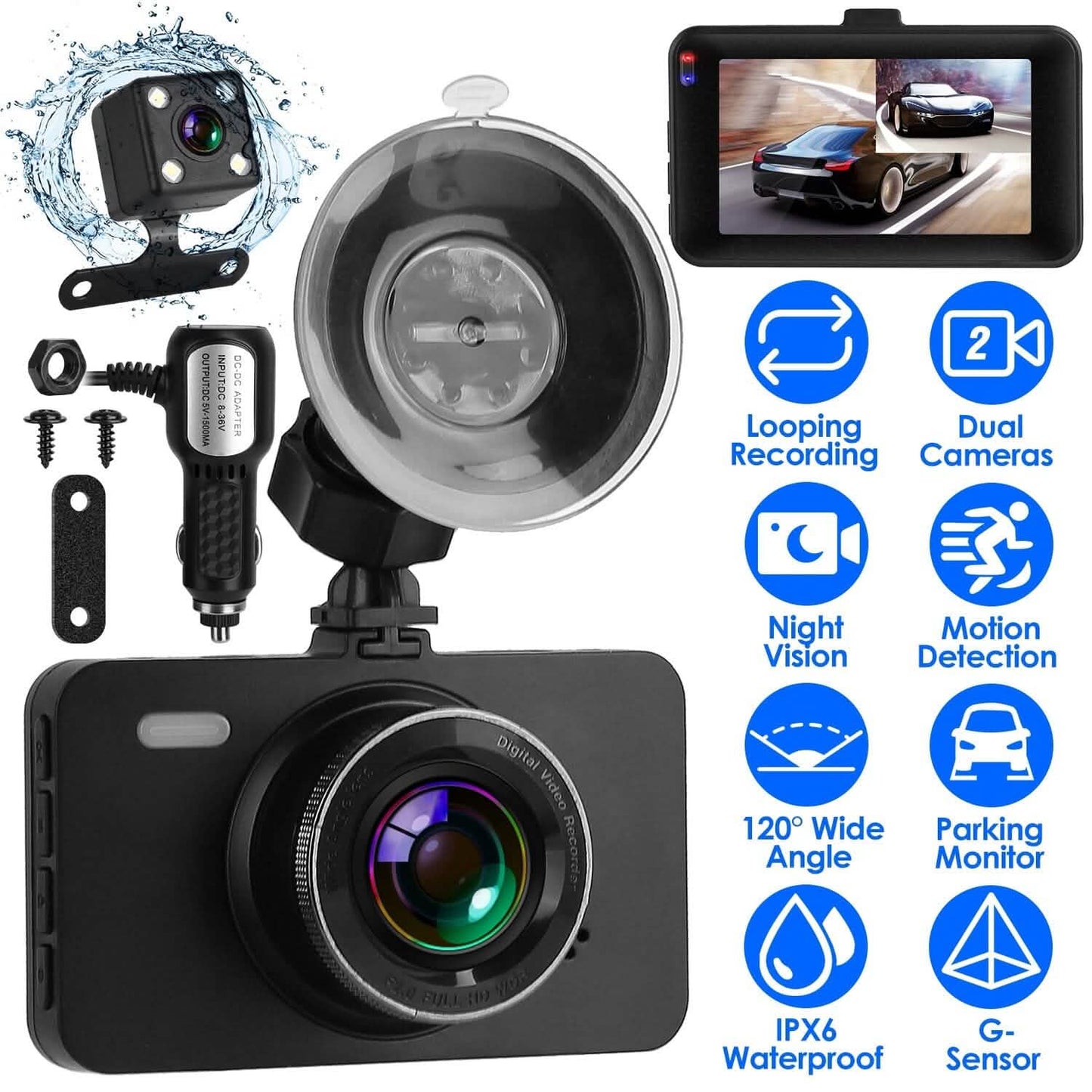 1080P Dual Dash Cam 3" Screen with Front and Rear Camera G-Sensor Motion Night Vision Loop Recording DailySale