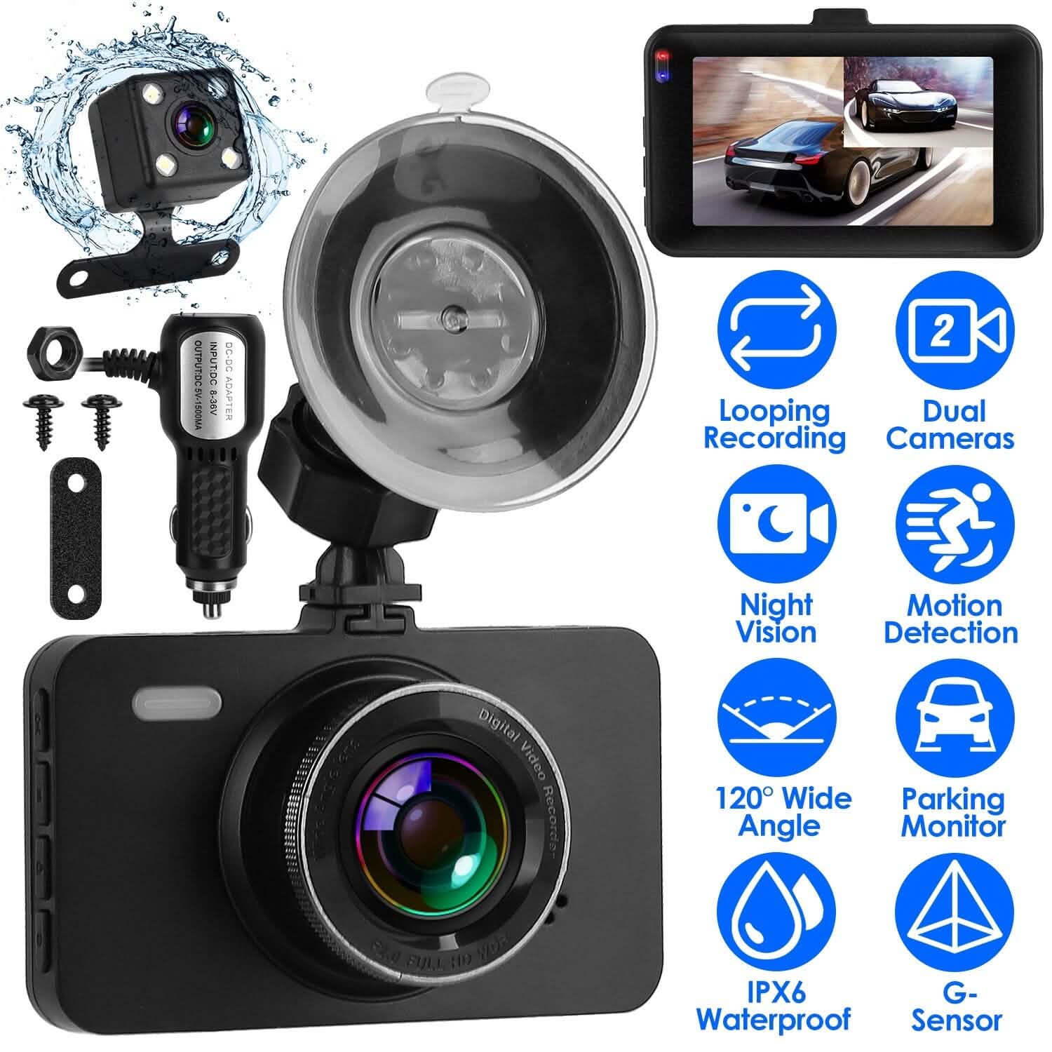 1080P Dual Dash Cam 3" Screen with Front and Rear Camera G-Sensor Motion Night Vision Loop Recording DailySale