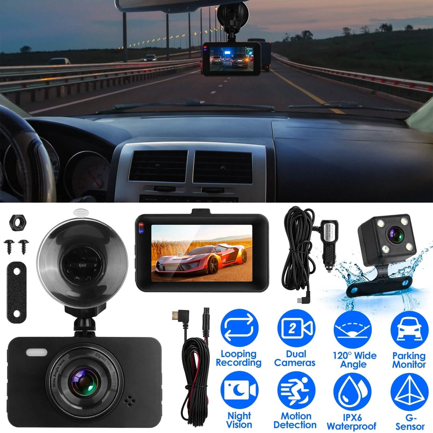 1080P Dual Dash Cam 3" Screen with Front and Rear Camera G-Sensor Motion Night Vision Loop Recording DailySale