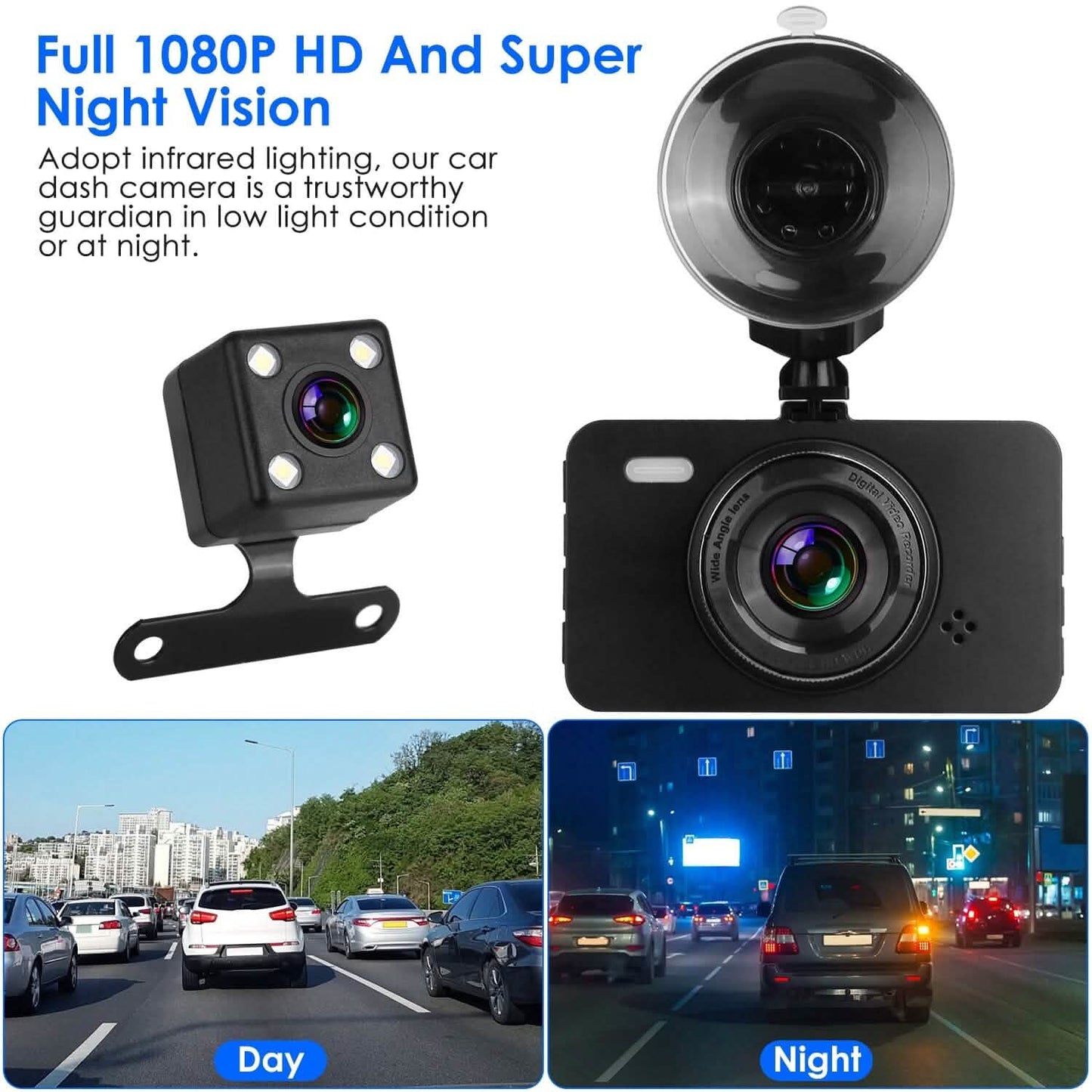 1080P Dual Dash Cam 3" Screen with Front and Rear Camera G-Sensor Motion Night Vision Loop Recording DailySale