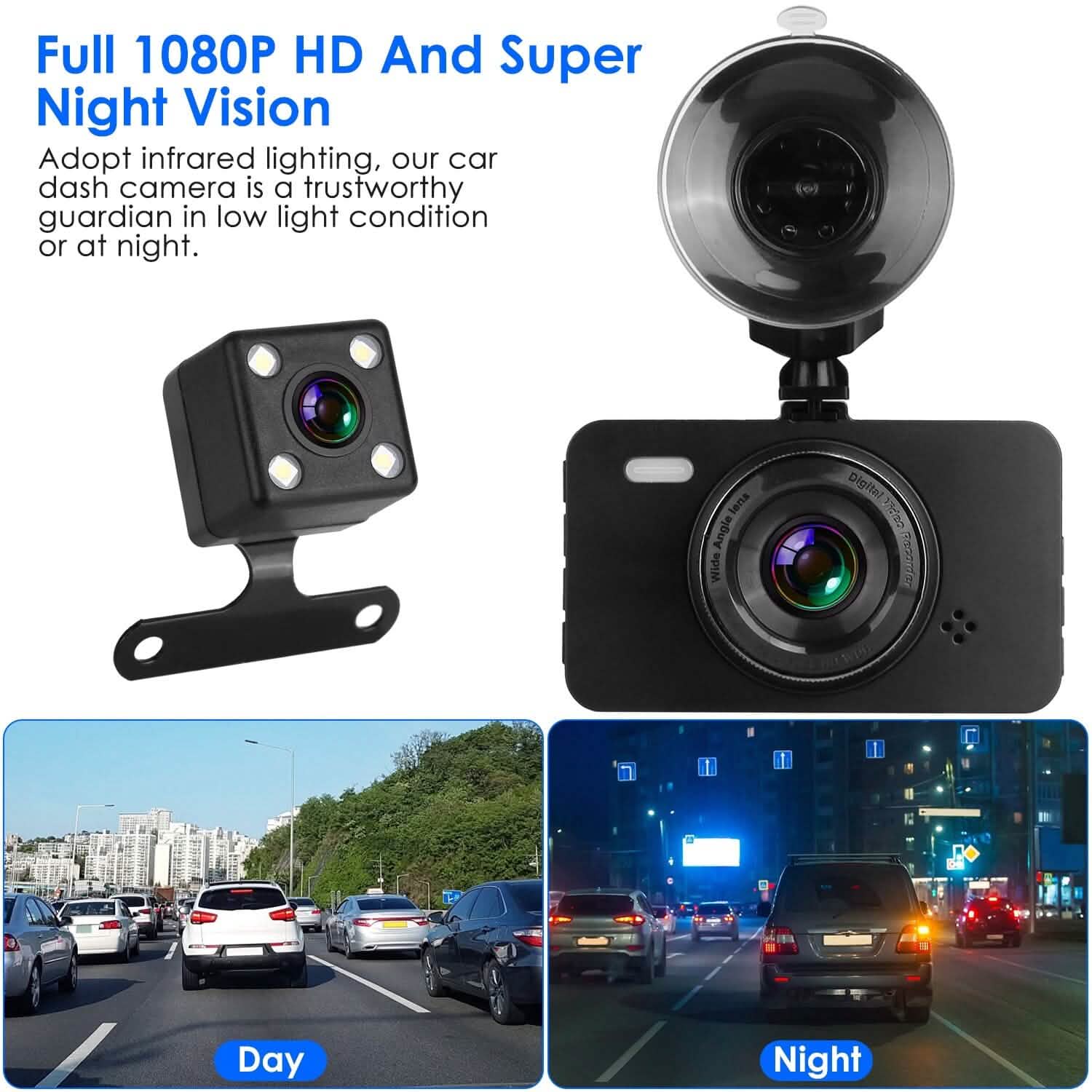 1080P Dual Dash Cam 3" Screen with Front and Rear Camera G-Sensor Motion Night Vision Loop Recording DailySale