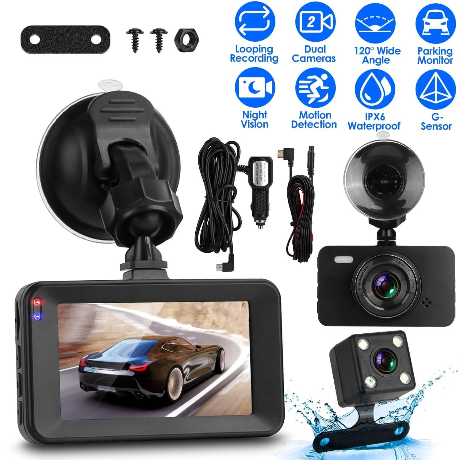 1080P Dual Dash Cam 3" Screen with Front and Rear Camera G-Sensor Motion Night Vision Loop Recording DailySale