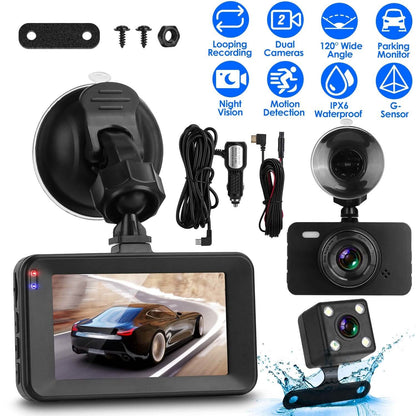 1080P Dual Dash Cam 3" Screen with Front and Rear Camera G-Sensor Motion Night Vision Loop Recording DailySale