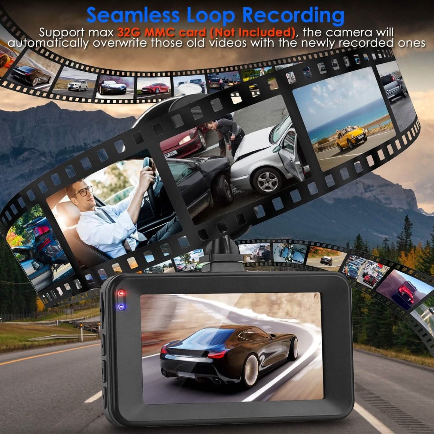 1080P Dual Dash Cam 3" Screen with Front and Rear Camera G-Sensor Motion Night Vision Loop Recording DailySale