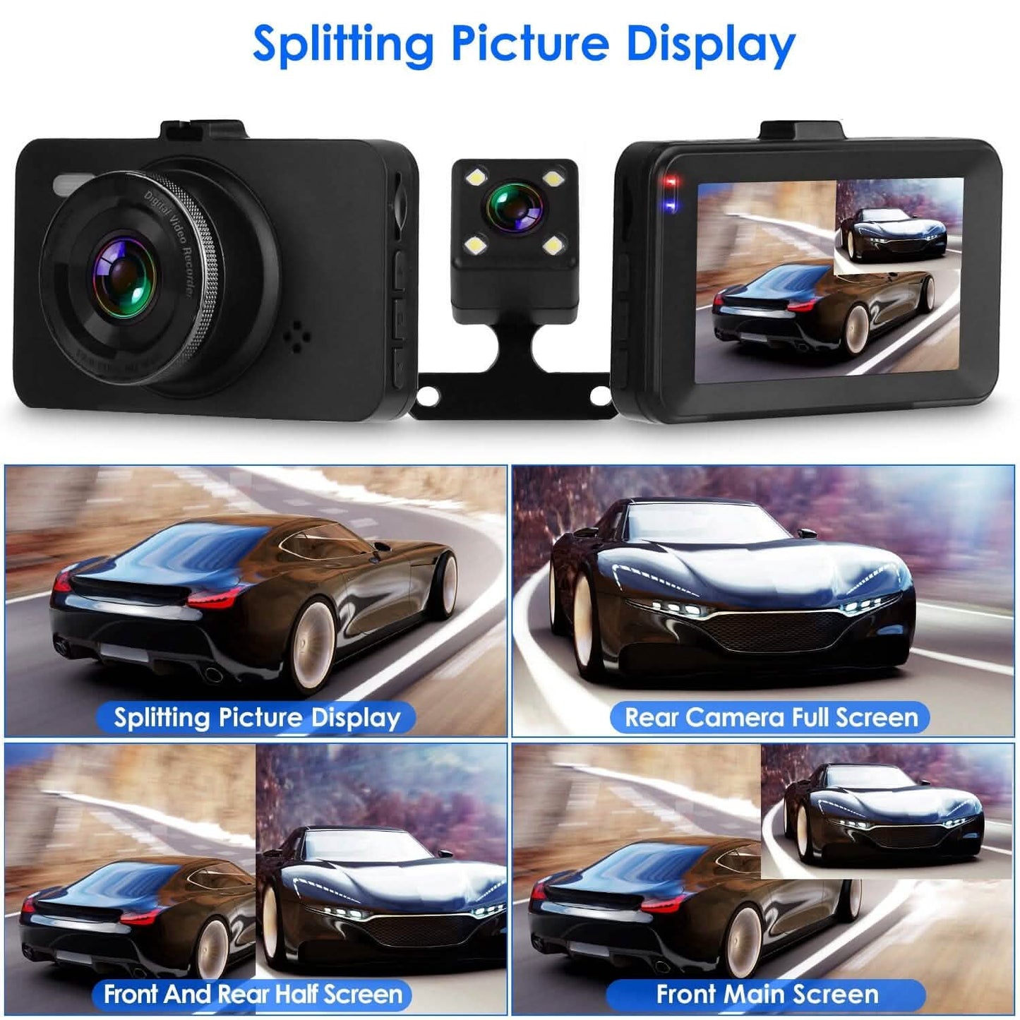 1080P Dual Dash Cam 3" Screen with Front and Rear Camera G-Sensor Motion Night Vision Loop Recording DailySale