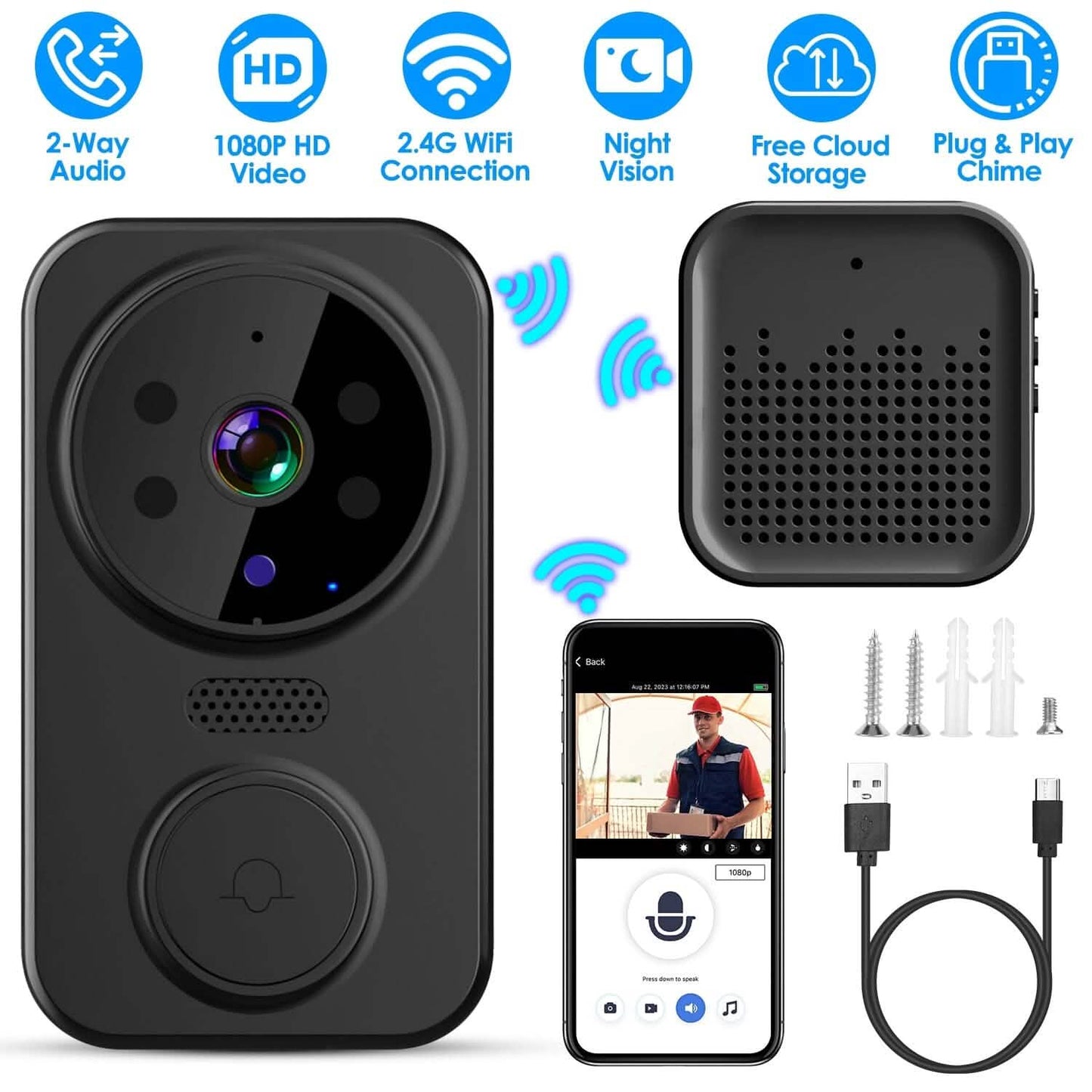 1080P WiFi Security Doorbell Camera 2-Way Audio Free Cloud Storage DailySale