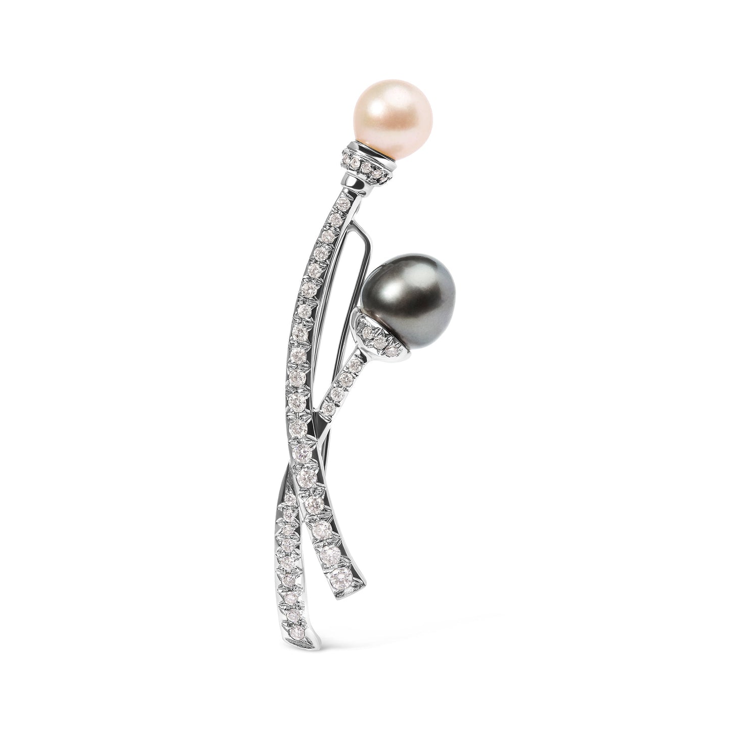 18K White Gold 3/5 Cttw Diamond and Cultured South Sea Black and White Pearl Brooch Pin (H-I Color, VS1-VS2 Clarity) Bids.com