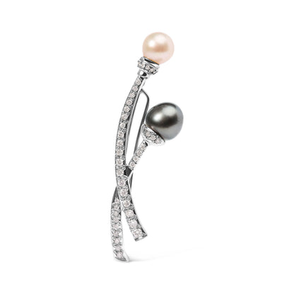 18K White Gold 3/5 Cttw Diamond and Cultured South Sea Black and White Pearl Brooch Pin (H-I Color, VS1-VS2 Clarity) Bids.com