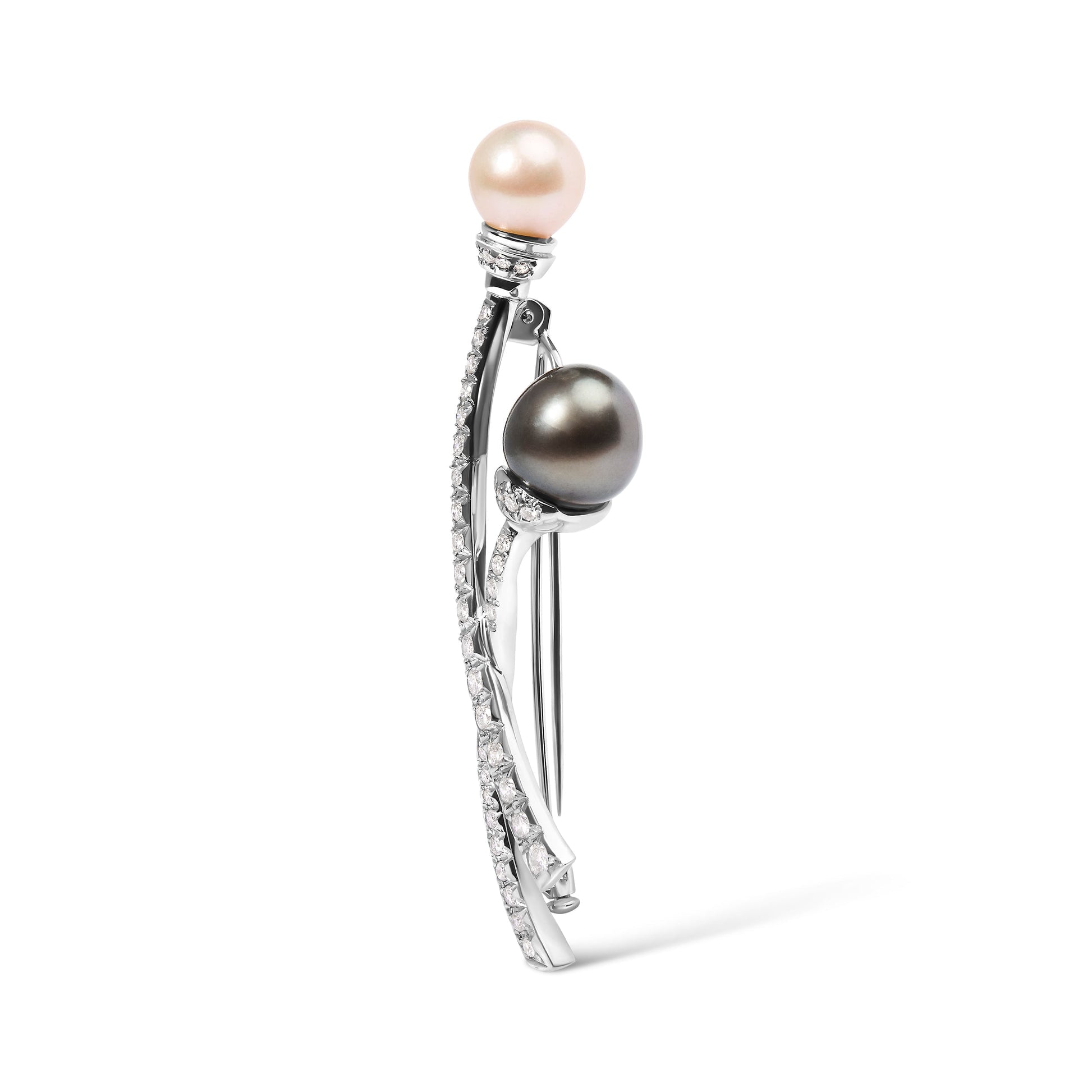 18K White Gold 3/5 Cttw Diamond and Cultured South Sea Black and White Pearl Brooch Pin (H-I Color, VS1-VS2 Clarity) Bids.com