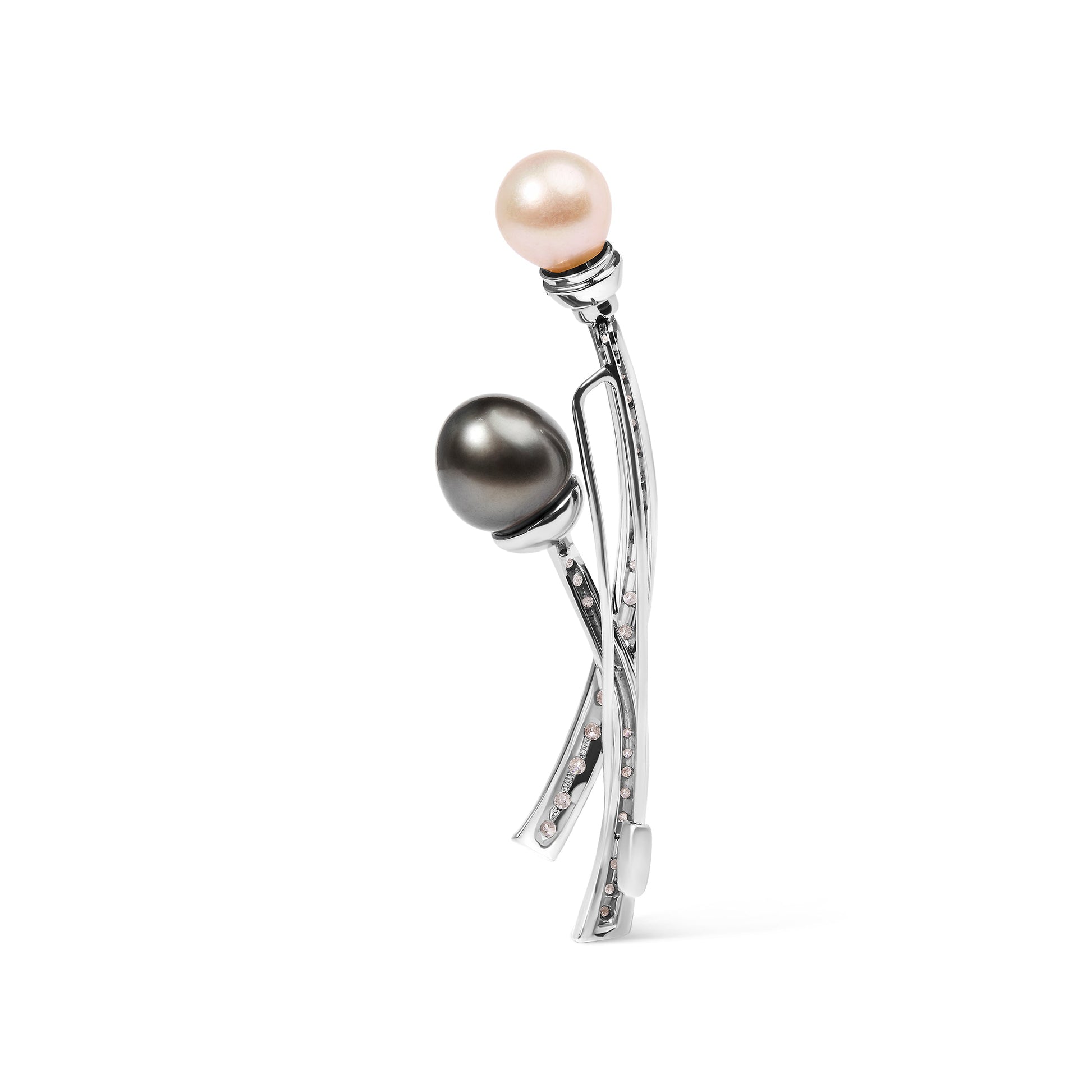 18K White Gold 3/5 Cttw Diamond and Cultured South Sea Black and White Pearl Brooch Pin (H-I Color, VS1-VS2 Clarity) Bids.com