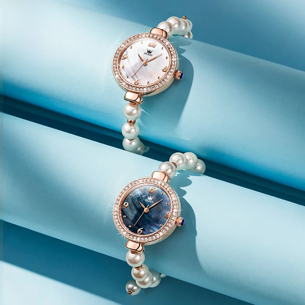 Women's Pearl Bracelet Watch Rose Gold Crystal Bezel BandsCo Straps