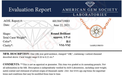 AGS Certified 10K Rose Gold 1/5 Cttw Bezel Set Round Diamond Solitaire 16-18" Adjustable Pendant Necklace (H-I Color, VS1-VS2 Clarity) Bids.com