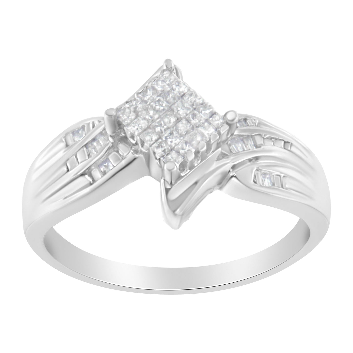 10K White Gold 1/3 Cttw Princess and Baguette Cut Diamond Bypass Style Cocktail Ring (I-J Color, I1-I2 Clarity) - Size 4 Bids.com