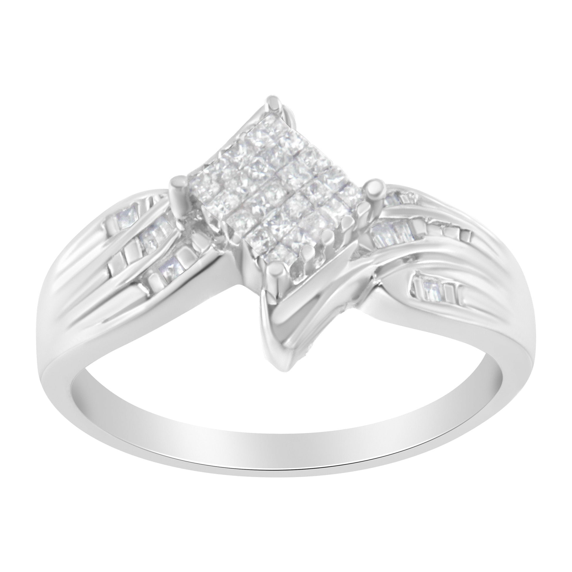 10K White Gold 1/3 Cttw Princess and Baguette Cut Diamond Bypass Style Cocktail Ring (I-J Color, I1-I2 Clarity) - Size 4 Bids.com
