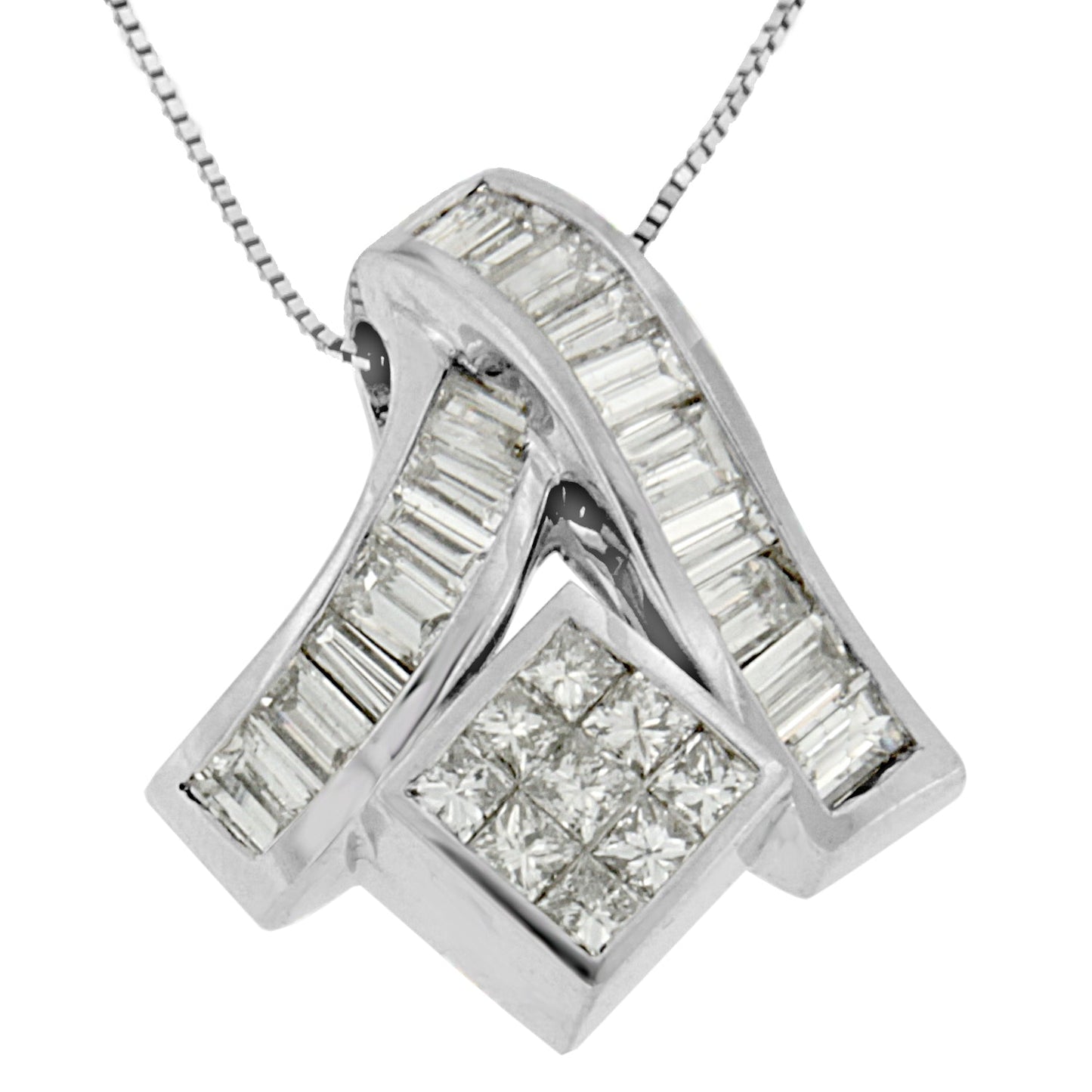 14K White Gold 1 7/8 cttw Princess and Baguette Cut Mixed Geometry Diamond Pendant Necklace (G-H, SI1-SI2) Bids.com