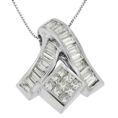 14K White Gold 1 7/8 cttw Princess and Baguette Cut Mixed Geometry Diamond Pendant Necklace (G-H, SI1-SI2) Bids.com