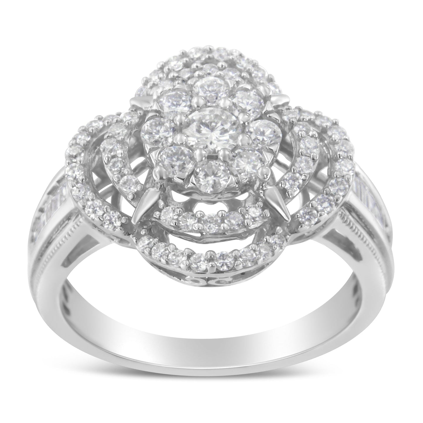 14K White Gold 1.0 Cttw Round & Baguette Cut Diamond Floral Cluster Quatrefoil Channel Set Band Cocktail Statement Ring (H-I Color, SI2-I1 Clarity) - Size 6-3/4 Bids.com