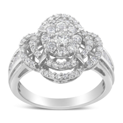 14K White Gold 1.0 Cttw Round & Baguette Cut Diamond Floral Cluster Quatrefoil Channel Set Band Cocktail Statement Ring (H-I Color, SI2-I1 Clarity) - Size 6-3/4 Bids.com