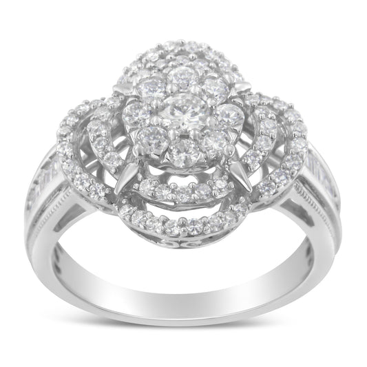 14K White Gold 1.0 Cttw Round & Baguette Cut Diamond Floral Cluster Quatrefoil Channel Set Band Cocktail Statement Ring (H-I Color, SI2-I1 Clarity) - Size 6-3/4 Bids.com