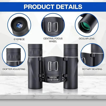 High Powered Mini Pocket Binoculars 10x25 with Phone Adapter – Compact, Lightweight, Portable – Black DailySale