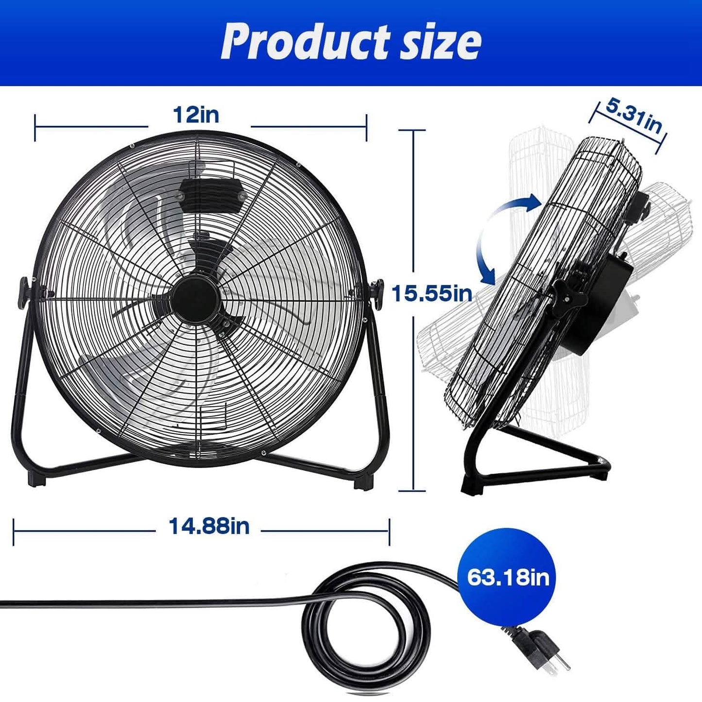 12" Floor Fan Copper Motor High-Velocity with 3 Adjustable Speeds DailySale