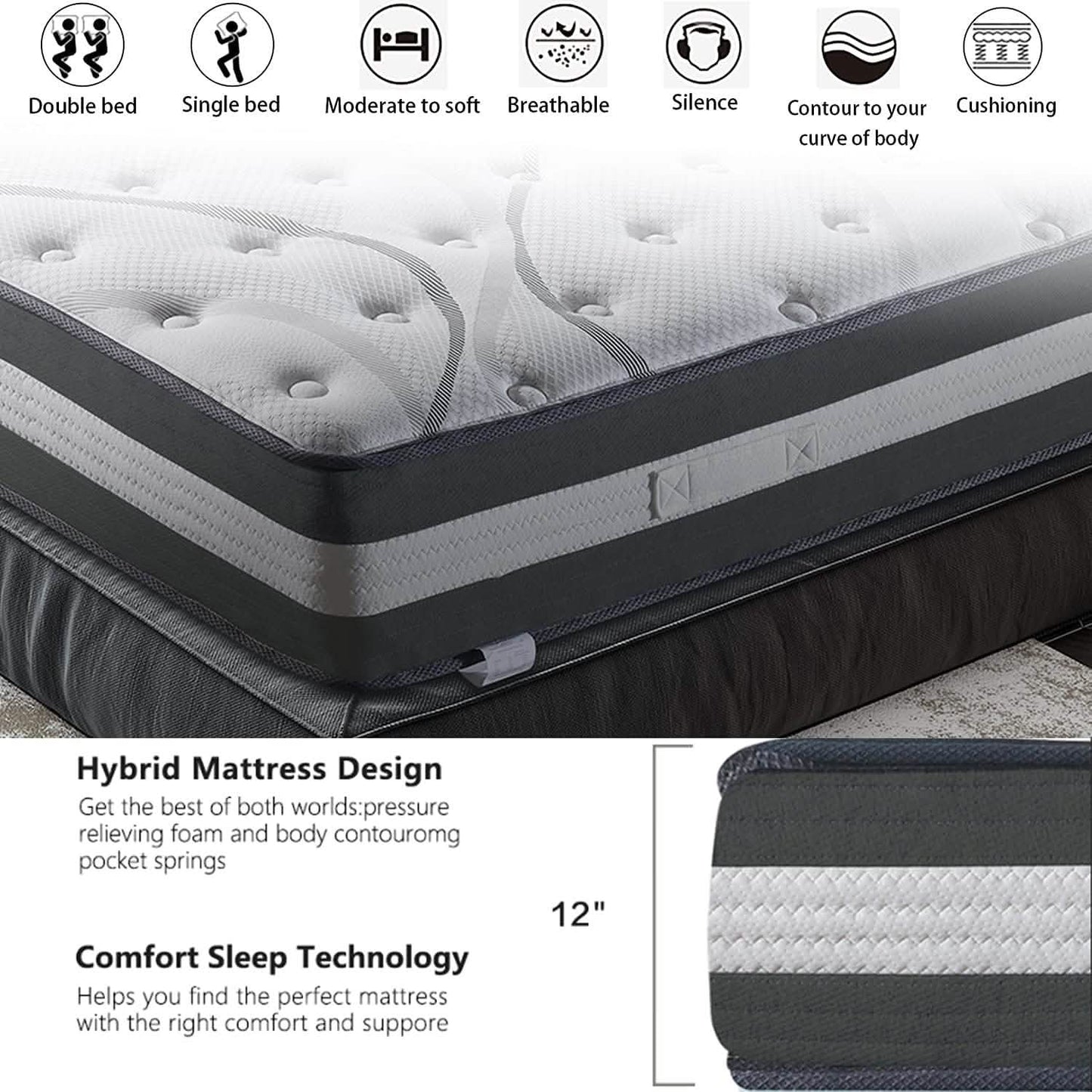 12" Hybrid Pocket Spring Mattress DailySale