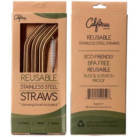 12-Pack: Reusable Stainless Steel Straw in Gold With Cleaning Brush DailySale