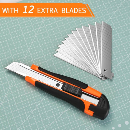 12-Packs: AGPtEK Utility Knife 18mm Retractable Safety Box Cutter with 12 Extra Spare Blades DailySale